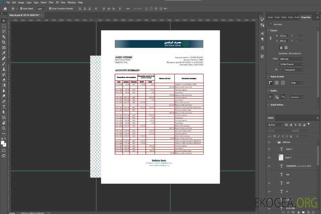 Modèle Excel et PDF de relevé bancaire Iraq Rafidain template